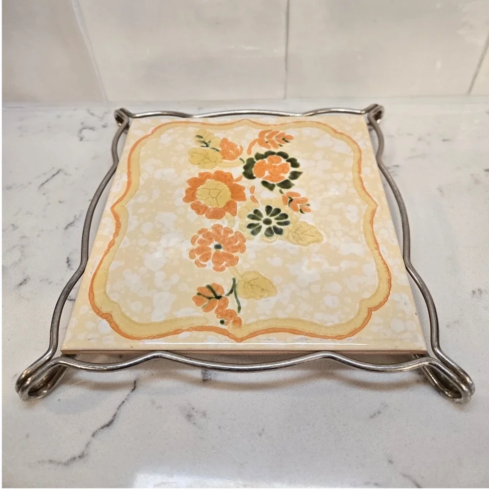 Vintage Semigres Italy Ceramic Floral Tile Trivet Chrome Stand Orange Green